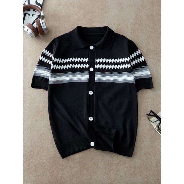 Men's Clothing Men's Black Fair Isle Short Sleeved Knit Sweater Summer Relaxed Style Outerwear Old Fashioned Breathable Cardigan Half Sleeve_viptrois.com