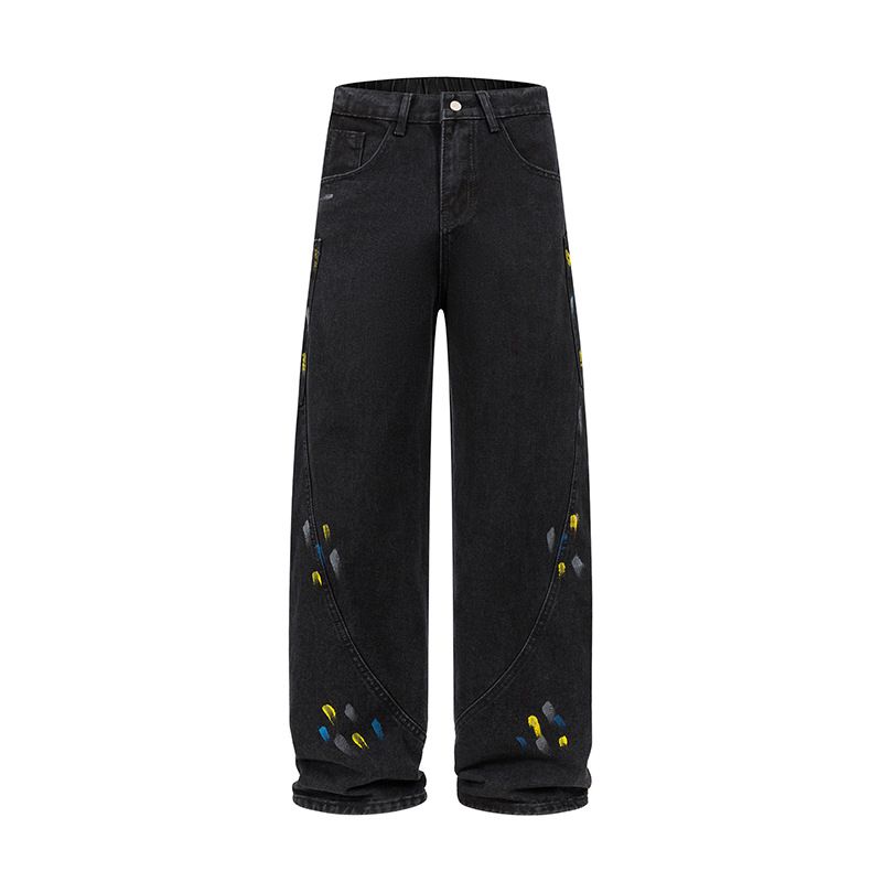 Men's Clothing Ink Splashed Denim Hip Hop Wide Leg Hand Painted Jeans For Men With Personality Loose Straight Leg Casual Machete Pants_viptrois.com
