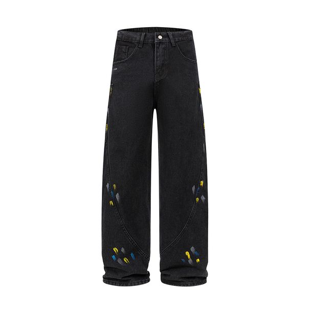 Men's Clothing Ink Splashed Denim Hip Hop Wide Leg Hand Painted Jeans For Men With Personality Loose Straight Leg Casual Machete Pants_viptrois.com