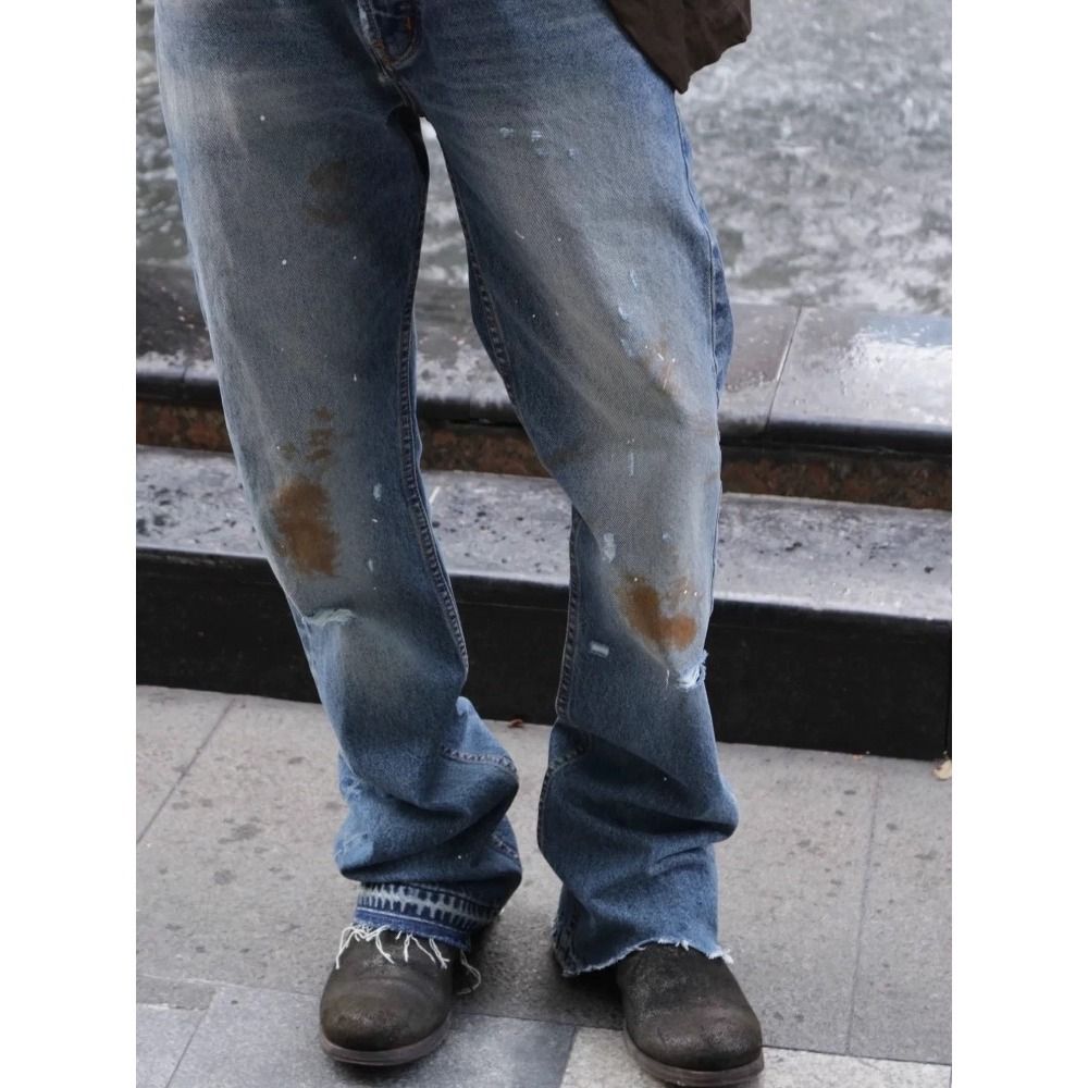 Men's High-Waisted Slim Fit Flared Jeans Designer Distressed Denim with Splatter & Burn Effects Retro Button Fly 70% Cotton No Stretch S-3XL_viptrois.com