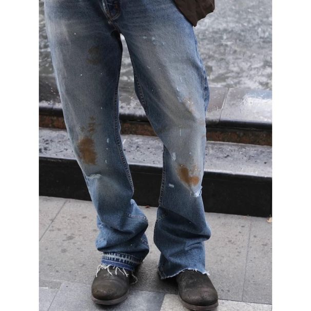 Men's High-Waisted Slim Fit Flared Jeans Designer Distressed Denim with Splatter & Burn Effects Retro Button Fly 70% Cotton No Stretch S-3XL_viptrois.com