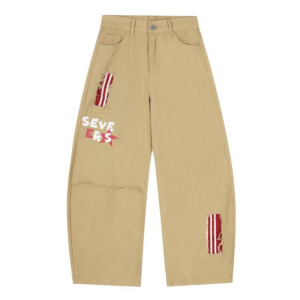 American Street Style Scimitar Silhouette Jeans Men's Trendy Color Block Patchwork Letter Print Loose Casual Cargo Pants_viptrois.com