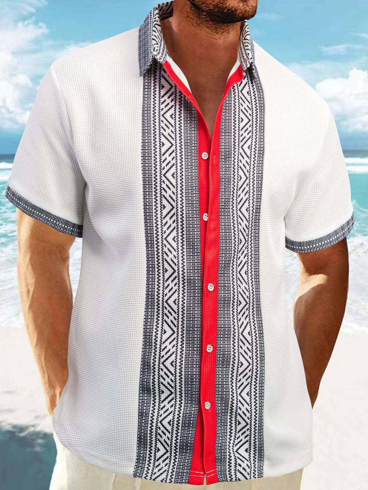 2025 Summer New Men's Waffle Texture Casual Turn-down Collar 3D Printed Button Short Sleeve Shirt For Men_viptrois.com