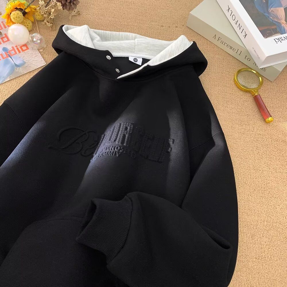 Heavyweight Fleece Hoodie – Unisex Navy Blue Half-Zip Pullover With Button Placket & Raised Letter Print (M-3XL)_viptrois.com