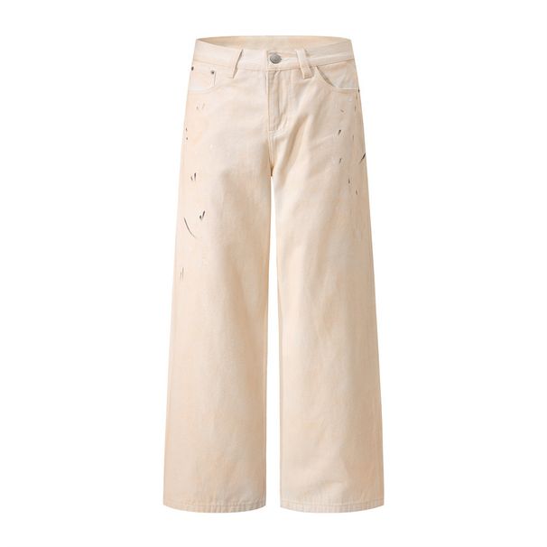 Punk Inkjet Dirty Wide-Leg Jeans Men's High Street Trend Niche Casual Loose Straight Pants Design Sense_viptrois.com