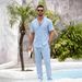 Summer Men's Short Sleeve Shirt And Trousers Two Piece Set Solid Color Casual Suit For Beach Vacation Mature Style_viptrois.com