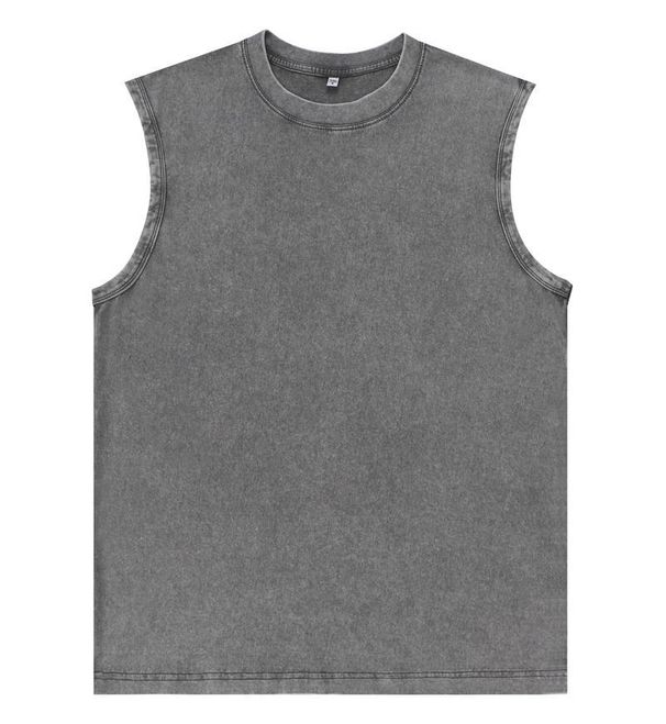 230g De Algodón Puro Europeo Y Americano High Street Retro Lavado Desgastado Chaleco Sin Mangas Casual Camiseta De Hombro Suelta Para Hombres_viptrois.com