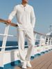 Men's Casual Solid Color Button Corduroy Round Neck Long Sleeve Trousers Two Piece Suit_viptrois.com