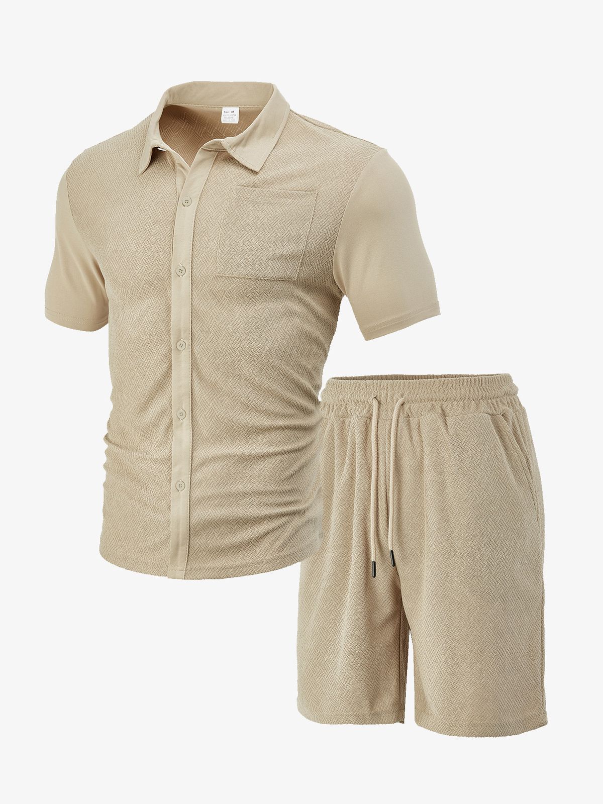 Men's Summer Casual Short Sleeved Shorts Suit Solid Color Pattern Towel Jacquard Cloth_viptrois.com