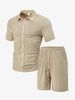 Men's Summer Casual Short Sleeved Shorts Suit Solid Color Pattern Towel Jacquard Cloth_viptrois.com