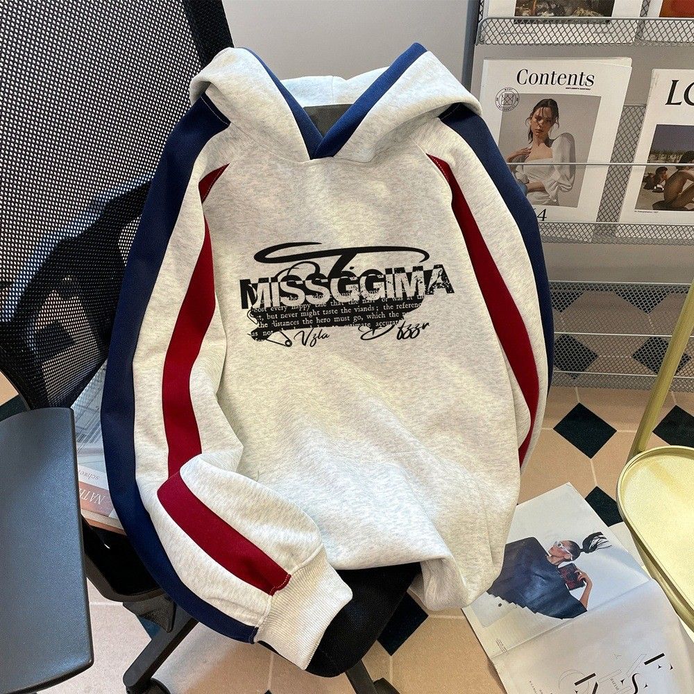 American Hooded Splicing Contrasting Sweater Men's Autumn And Winter Hip-hop Personalized Printing Casual Loose Versatile Jacket Top_viptrois.com
