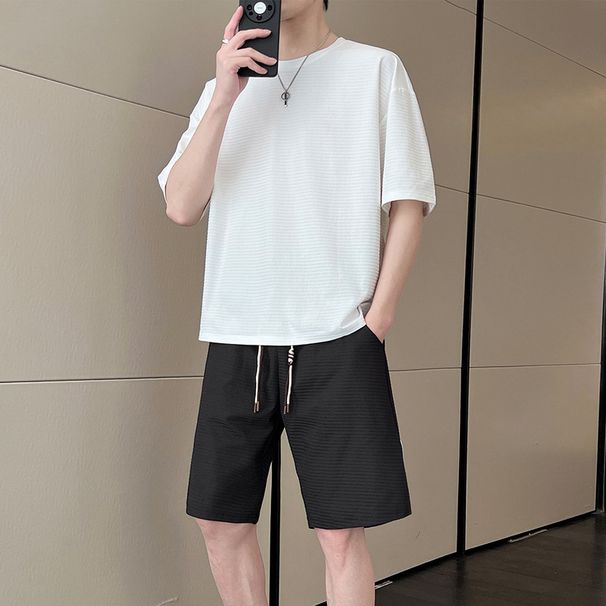 Round Neck Summer Short Sleeved T-Shirt Fashionable Casual Suit Men's Trendy Brand Temperament Shorts Lazy Loose_viptrois.com