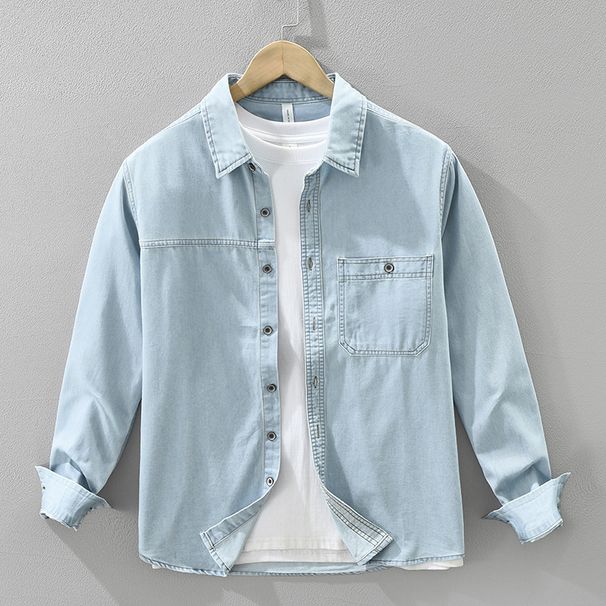 Denim Retro Long Sleeved Shirt For Men, Fashionable And Versatile, Artistic And Casual Loose Top_viptrois.com