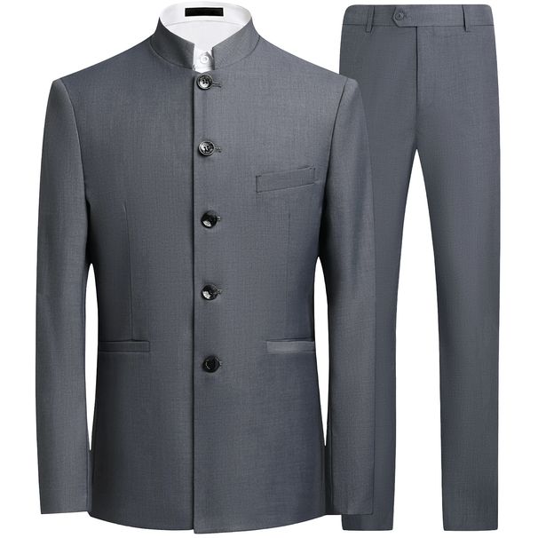 Men's Red Business Casual Suit Stand up Collar Two Piece Set Groom's Groomsmen Wedding Attire Chinese Style_viptrois.com
