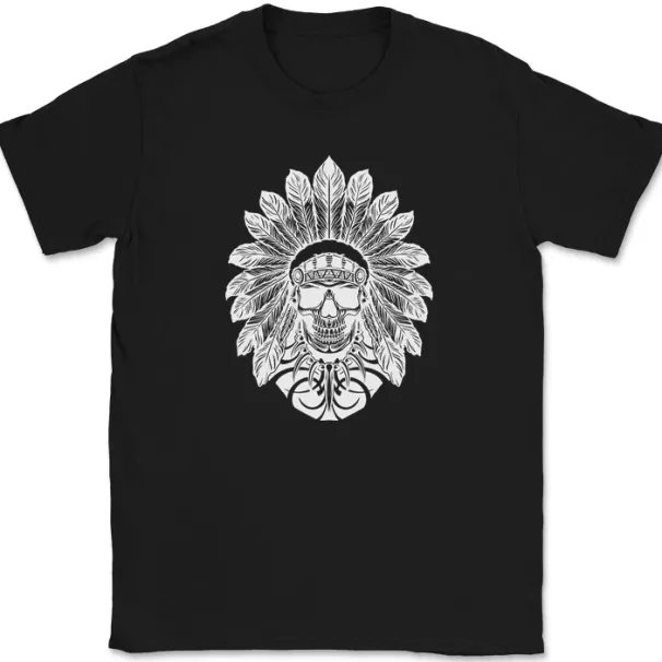 Skull Indian Headdress T-Shirt Mens Womens Tees Top Funny Native American Pattern Graphic Tee_viptrois.com
