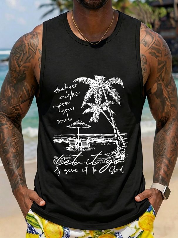 Canotta Uomo Girocollo 100% Cotone Stampa Palme E Scritta Spiaggia Traspirante Senza Maniche Casual Costiero Estivo Multicolore_viptrois.com