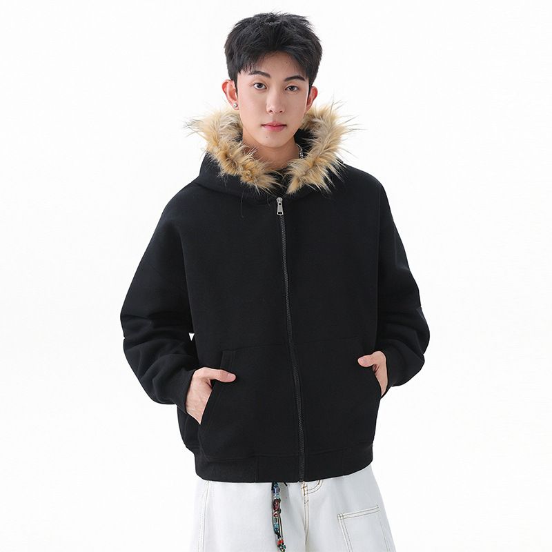 Retro Sherpa-Lined Hoodie – Unisex Vintage Open Front Cardigan With Faux Fur Trim, Oversized Streetwear Pullover For Men & Women (Black & Ash Gray)_viptrois.com
