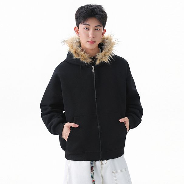 Retro Sherpa-Lined Hoodie – Unisex Vintage Open Front Cardigan With Faux Fur Trim, Oversized Streetwear Pullover For Men & Women (Black & Ash Gray)_viptrois.com