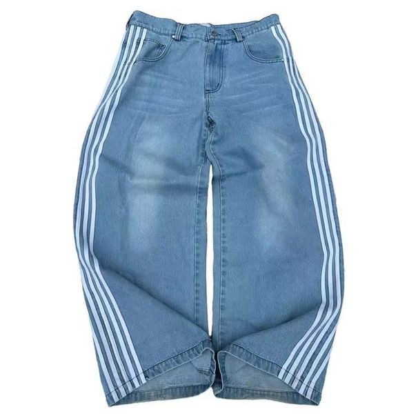 2024 Retro Street Three-bar Jeans Men Spring And Autumn Loose Casual All Straight Leg Wide-leg Pants_viptrois.com