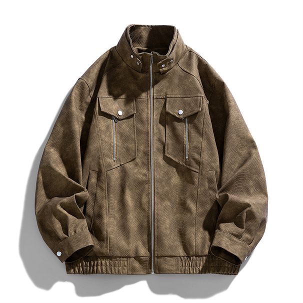 2025 Spring And Autumn New Men's PU Leather Stand-up Collar Non-ironing American Trendy Coat Jacket_viptrois.com