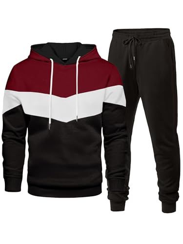 Men's Tracksuit 2-Piece Set Novel Color-Block Pullover Wool Hoodie Long Sleeve Casual Sweatshirt_viptrois.com