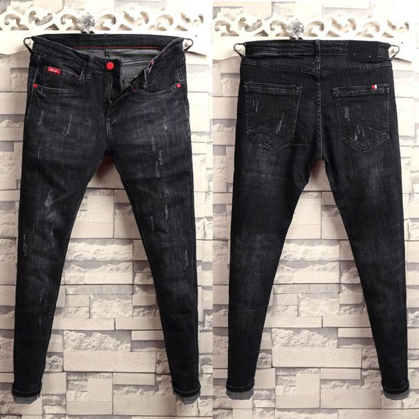 Trendy Men's Autumn And Winter Korean Style Slim Fit Retro Distressed Blue Whiskers And Small Feet Jeans For Men With Social Spirit And Quick Hands_viptrois.com