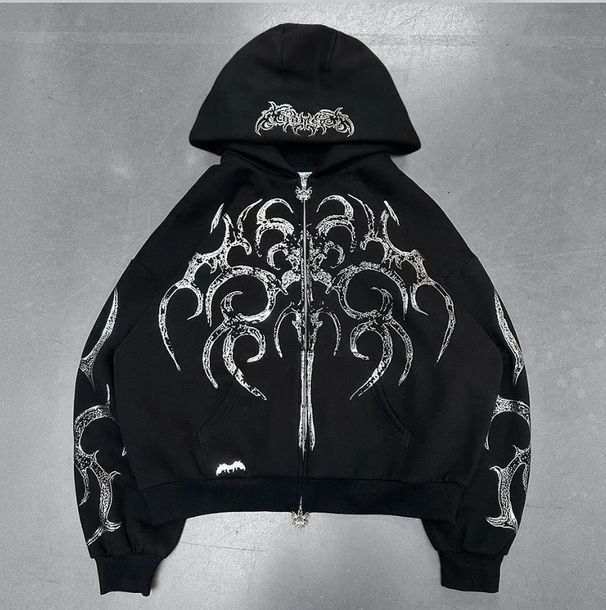 Men's Clothing Gothic Dark Aesthetic Hooded Pullover Sweatshirt For Men And Women Minimalist Graffiti Print Fleece Sweater Street Fashion Tops_viptrois.com