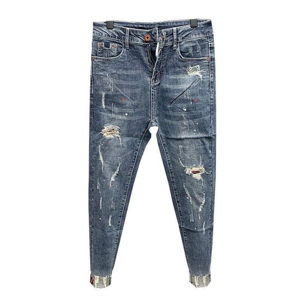 2023 Fashion Men's Pants Korean Style Jeans Washed With Cat Whisker Holes Colorful Paint Splatters Slim Trousers_viptrois.com