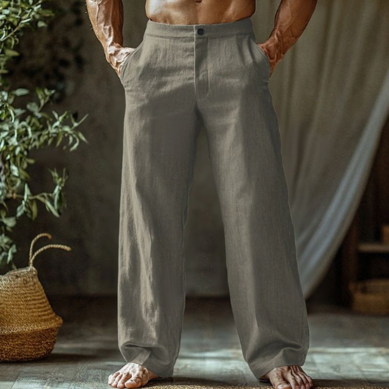 Men's Clothing Men's Linen Summer Beach Pants Button Slant Pocket Straight Leg Pants Solid Color Comfortable Breathable Trousers_viptrois.com