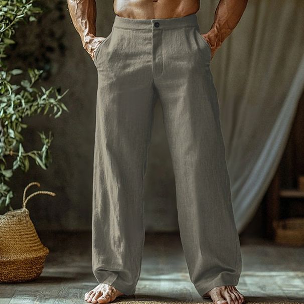 Men's Clothing Men's Linen Summer Beach Pants Button Slant Pocket Straight Leg Pants Solid Color Comfortable Breathable Trousers_viptrois.com