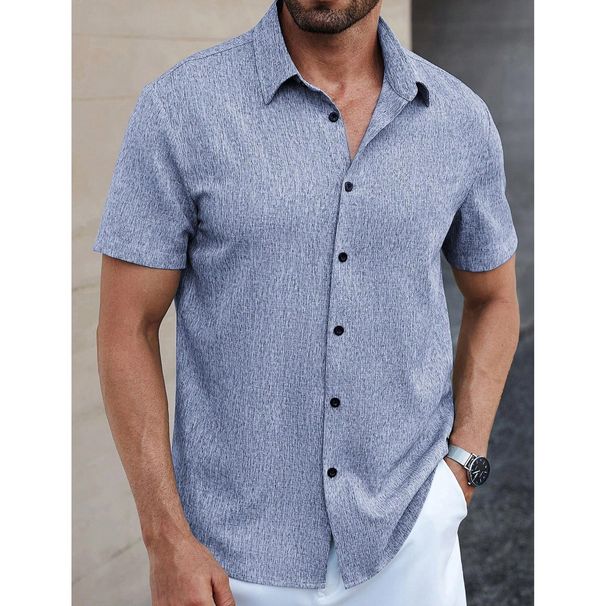 Men’s Short-Sleeve Casual Shirt – Breathable Polyester, V-Neck, Solid & Color-Blocked (Bluish/Greens/Khaki/Greyish/Dark Blue/Brown, S-XXL)_viptrois.com