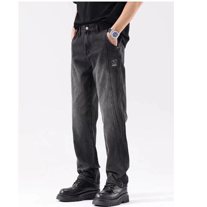 Men's Clothing Spring And Autumn Retro Jeans Men's Loose Straight Pants Trendy Stitching Washed Workwear Denim Trousers_viptrois.com