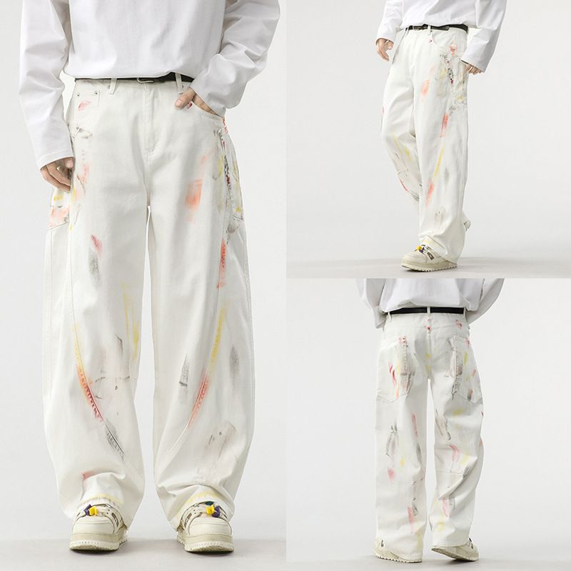Men's Clothing Heavy Loose Scimitar Design Wide Leg Pants Niche Painted Graffiti Fashion Light Luxury White Denim Pants_viptrois.com