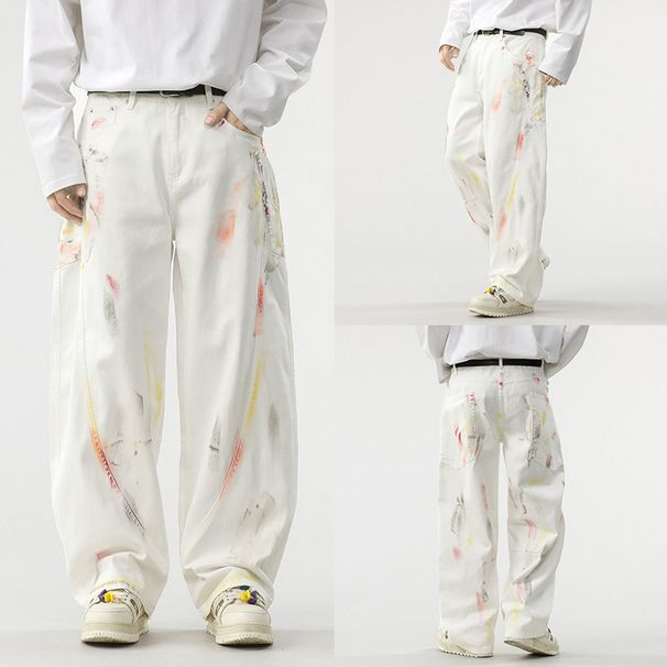 Men's Clothing Heavy Loose Scimitar Design Wide Leg Pants Niche Painted Graffiti Fashion Light Luxury White Denim Pants_viptrois.com