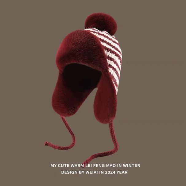 Women's Hats Winter Plush Thickened Wool Ball Knitted Plush Lei Feng Hat Women's Ear Protection Hat Striped Retro Big Head Circumference Cycling Hat_viptrois.com