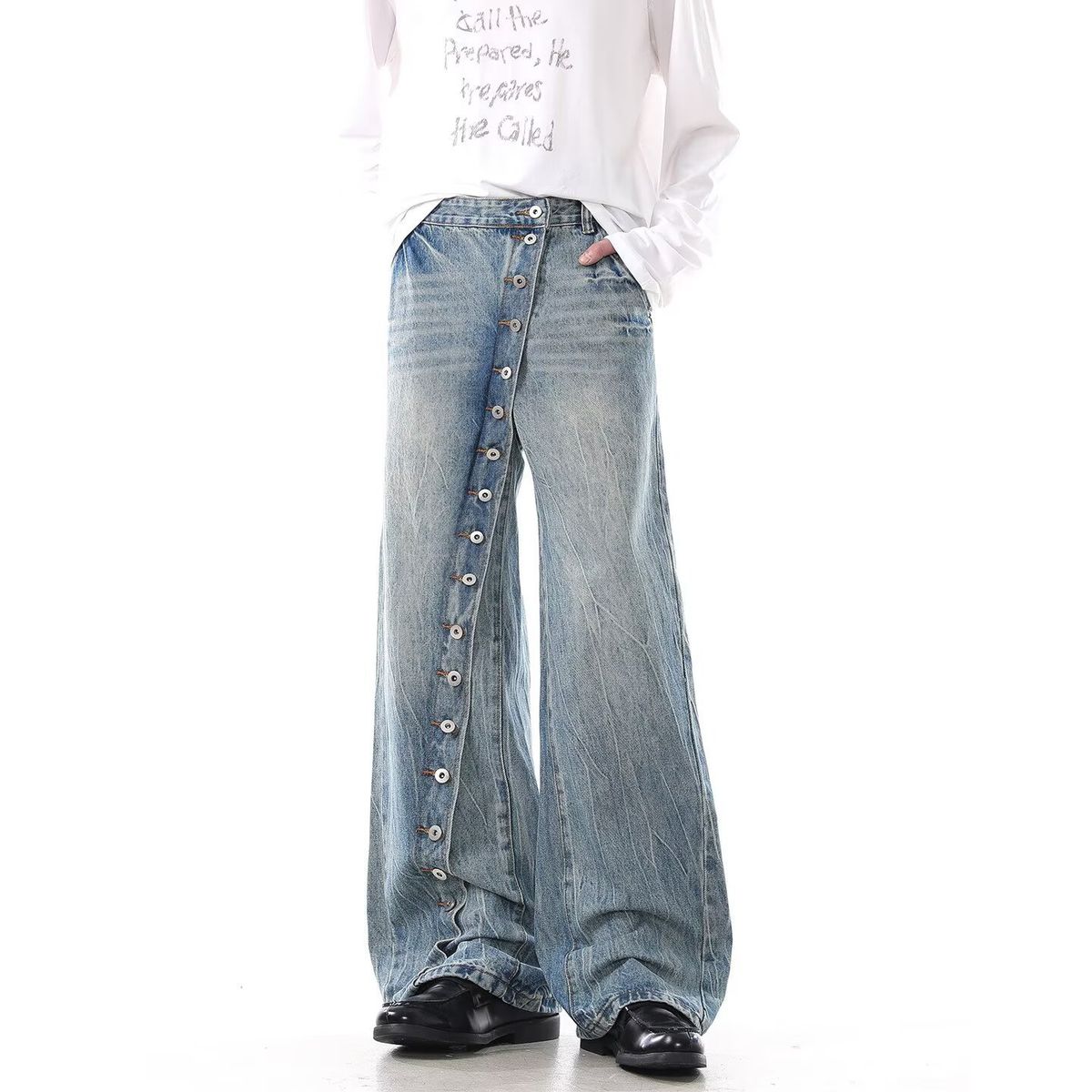 Vintage Washed Denim Jeans For Men And Women, Relaxed Fit Straight Leg Trousers With Button Fly, Comfortable Loose Wide Leg Pants_viptrois.com