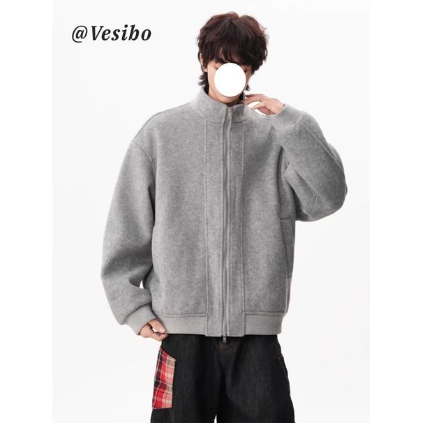 Heavyweight Stand Collar Gray Woolen Jacket For Men, Autumn And Winter Trendy Loose Fit Versatile High-end Double Zipper_viptrois.com