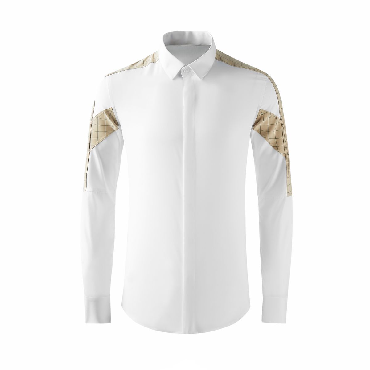 Men's Slim Fit Long Sleeve Shirt With Patchwork Design - Cotton Blend Breathable Casual & Office Wear (White/Black, Sizes 38-48)_viptrois.com