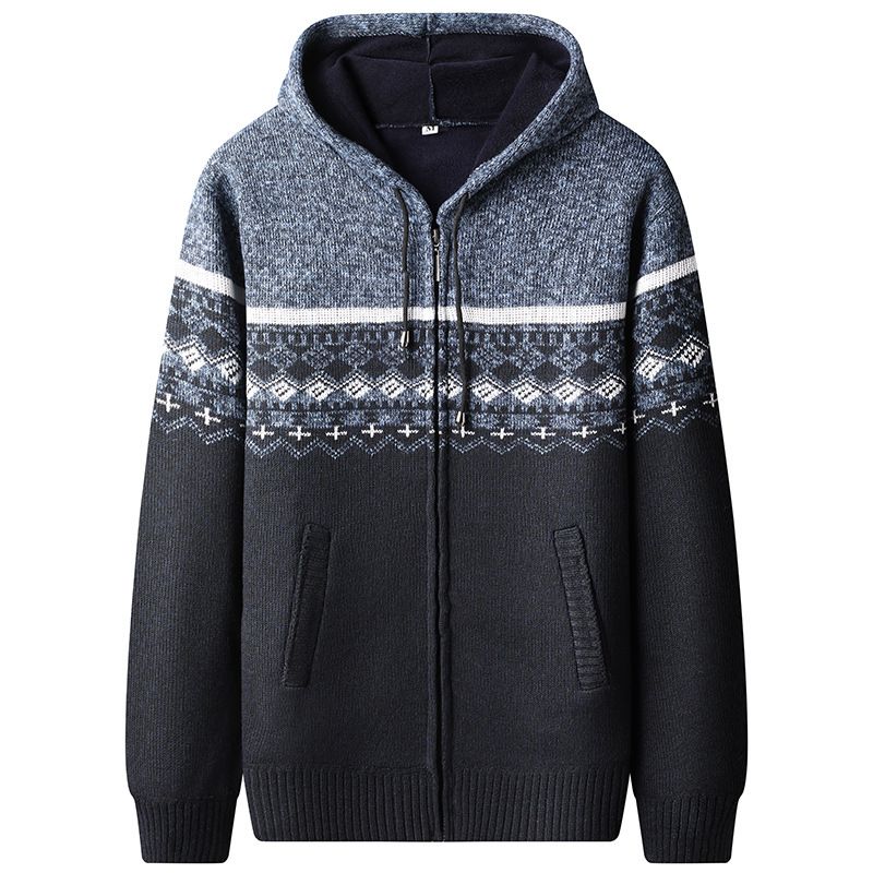 Men's Casual Hooded Sweater Coat – Thickened Fleece-Lined Knit Jacket (Light Gray / Dark Gray / Blue-Gray / Wine Red)_viptrois.com