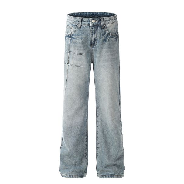Washed Stitched Micro Flare Jeans For Men Punk Street Style Ins Niche Distressed Loose Wide-Leg Long Pants_viptrois.com