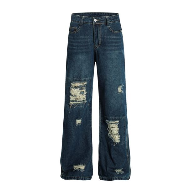 Beggar Ripped Patchwork Denim Men Loose Casual Trendy American Style Destroyed Washed Vintage Wide-Leg Pants_viptrois.com