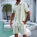 Men's Striped Print Short Sleeve Shirt And Shorts Set Casual 4-Way Stretch Lounge Wear_viptrois.com