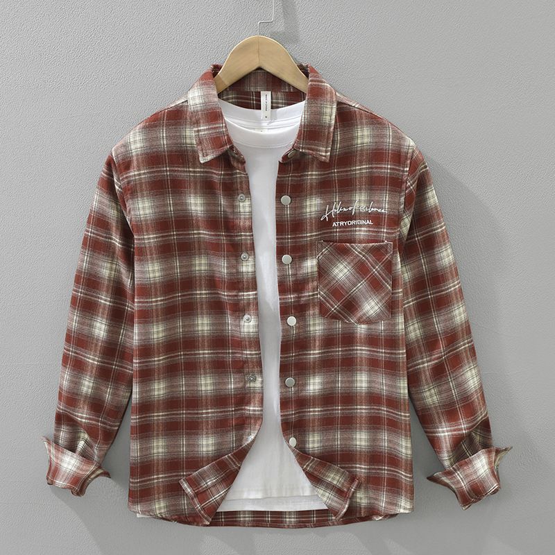 Retro Plaid Long Sleeved Shirt For Men, Fashionable And Versatile, Artistic And Casual Loose Top_viptrois.com