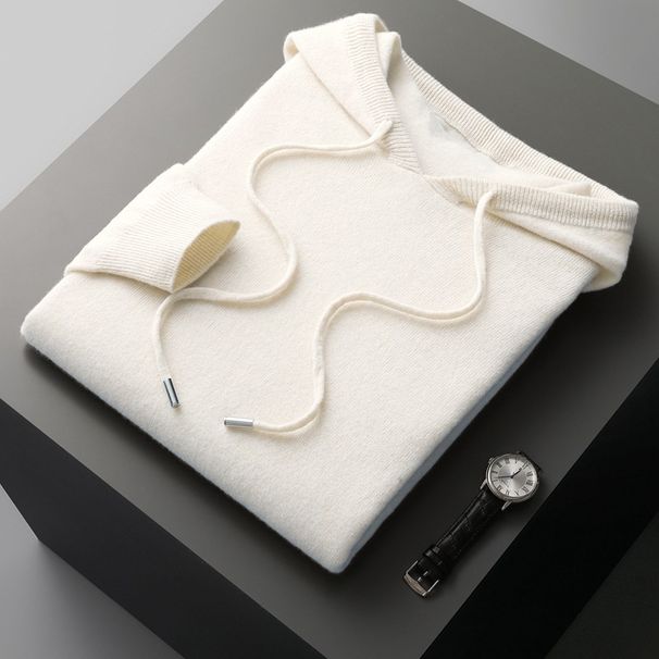 Pure 100% Australian Wool Men's Hoodie Seamless Casual Pullover Solid Color Knitted Sweater_viptrois.com