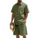 Men's Silk Plain Weave Two Piece Set Short Sleeve Button Down Shirt Drawstring Shorts Summer Beach Vacation Style_viptrois.com