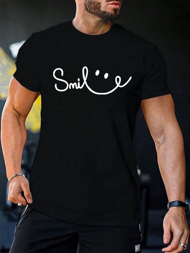 Maglietta Uomo Girocollo 180g Cotone Puro Stampa Totale Volti Sorridenti, Lavabile In Lavatrice Comoda Per Tempo Libero E Uscite Sociali_viptrois.com