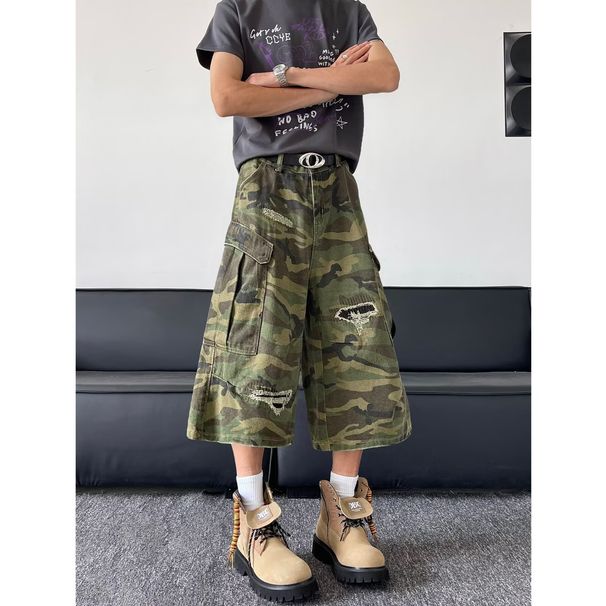 American Style Distressed Camouflage Seven Quarter Men's Summer Wide Leg Workwear Shorts Casual Sports Loose Mid Length_viptrois.com