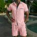 Men's Short Sleeved Stand Collar Patchwork Shirt Solid Color Cotton Linen Beach Casual Sports Summer Set_viptrois.com
