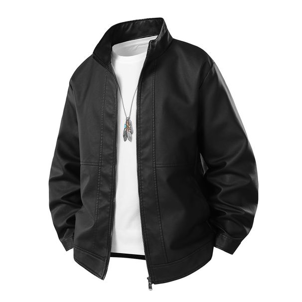 Men's Spring And Autumn PU Leather Jacket Men's Solid Color Casual Stand-up Collar Locomotive Leather Jacket Jacket_viptrois.com
