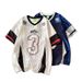 Men's Clothing Retro Short Sleeved Jersey T Shirt High Street Contrast Color Stitching Mesh Loose Sports V Neck Jersey Top_viptrois.com